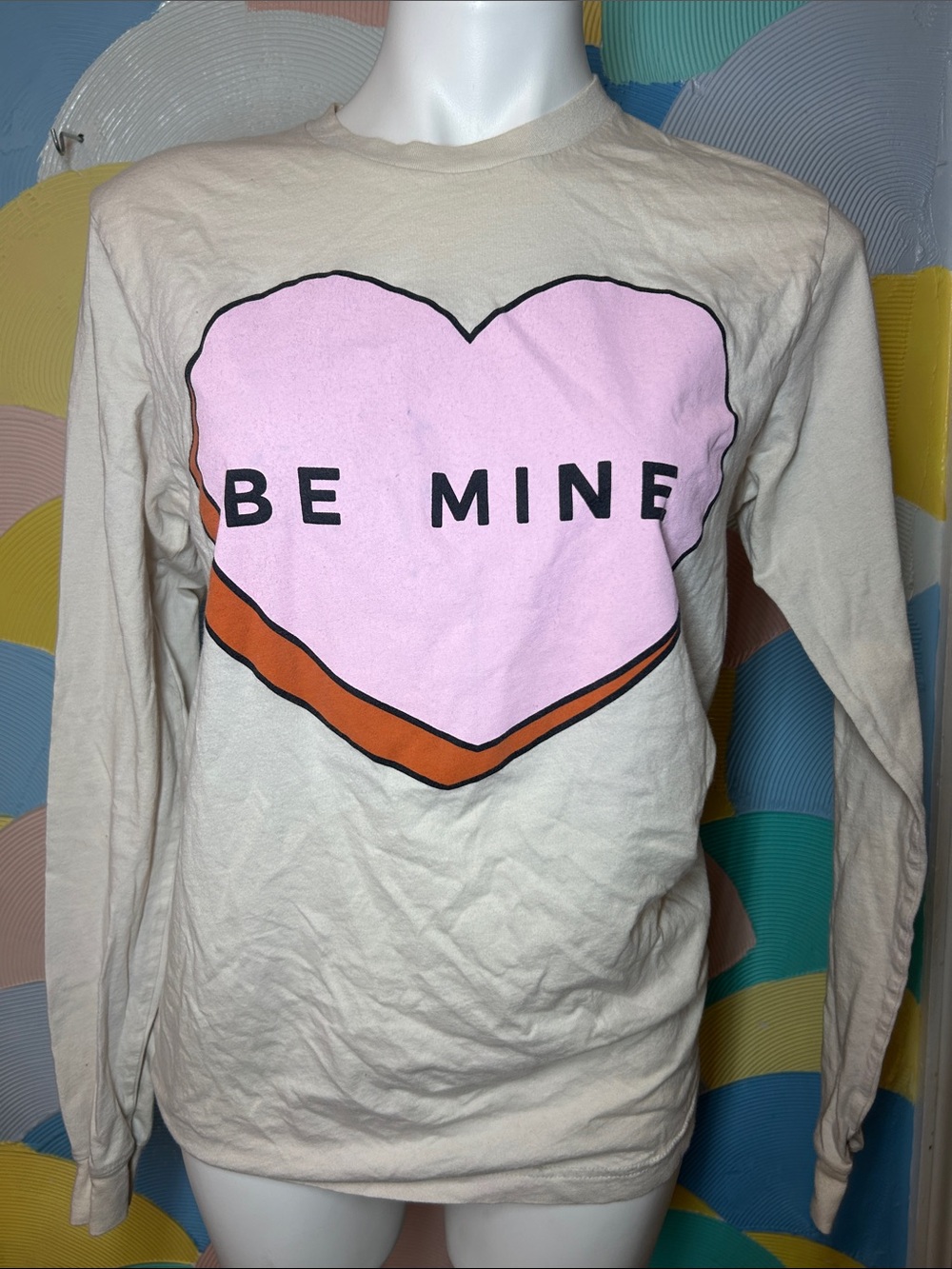 Bella+Canvas Be Mine Heart Graphic Long Sleeve Tee - Pink & Orange Heart sz M